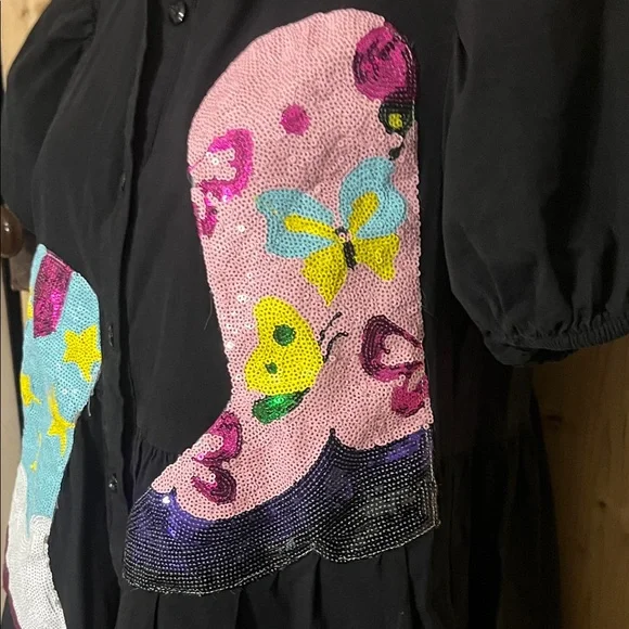 Main Strip Black Dress with Colorful Boot Designs - Picture 3 of 9